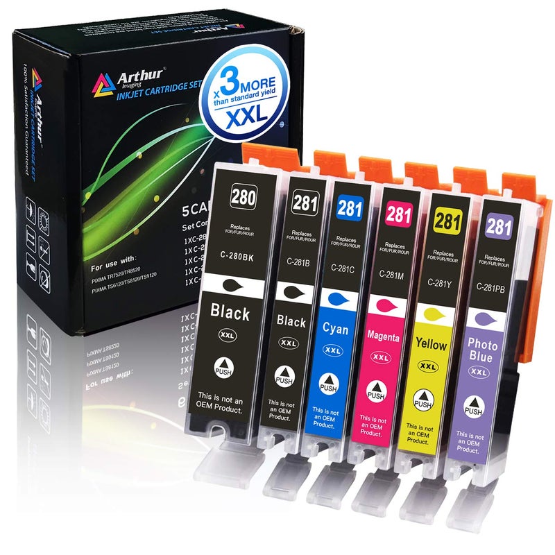 Arthur Imaging Compatible Ink Cartridge Replacement for Canon PGI-280XXL CLI-281XXL PGI 280 XXL CLI 281 XXL use with PIXMA TS9120 TS8120 TS8220 (PGBK, Black, Photo Blue, Cyan, Magenta, Yellow) 6 Pack - Image 1